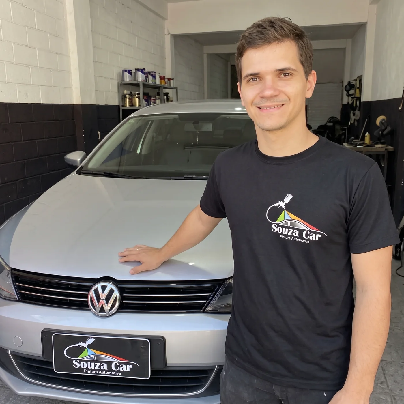 Profissional da Souza Car ao lado de um carro prata na oficina